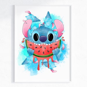 Stitch Watermelon Wall Art / Kitchen Stitch Decor / Summertime Stitch Wall Prints / Lilo & Stitch Wall Art / Stitch Home Decor / Digital Art image 1