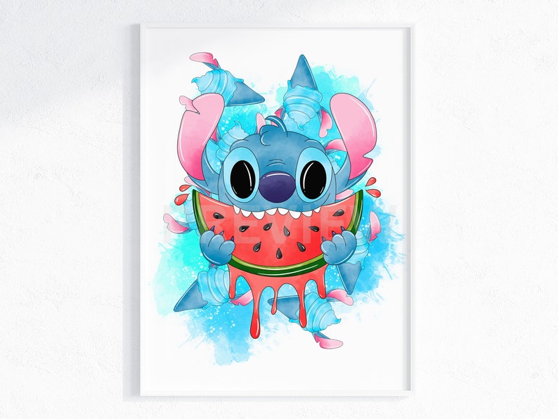 Stitch Watermelon Wall Art / Kitchen Stitch Decor / Summertime Stitch Wall Prints / Lilo & Stitch Wall Art / Stitch Home Decor / Digital Art image 1