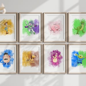Toy Story Set Of 8 Wall Prints / Buzz & Woody Kids Bedroom Wall Prints / Woody And Gang / Watercolour Wall Art / Buzz Lightyear / Woody