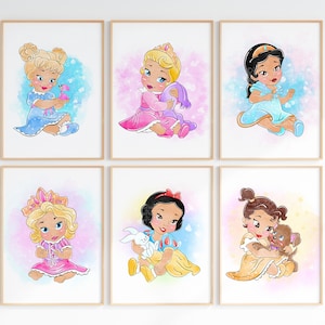 Watercolour Set Of 6 Baby Princesses Wall Prints / Girls Bedroom Wall Art / Girls Princess Bedroom Decor / Digital Download / Princess Print