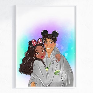 Princess Tiana & Prince Naveen Wall Print / Tiana And Naveen Mickey Ears Digital Download / Princess Tiana Prince Naveen Home Decor