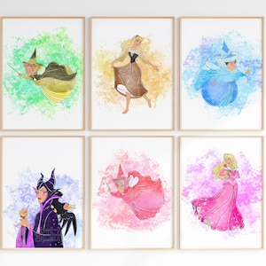 Watercolour Sleeping Beauty Set Of 6 Wall Prints / Sleeping Beauty Home Decor / Sleeping Beauty Bedroom Wall Art / Digital Downloads