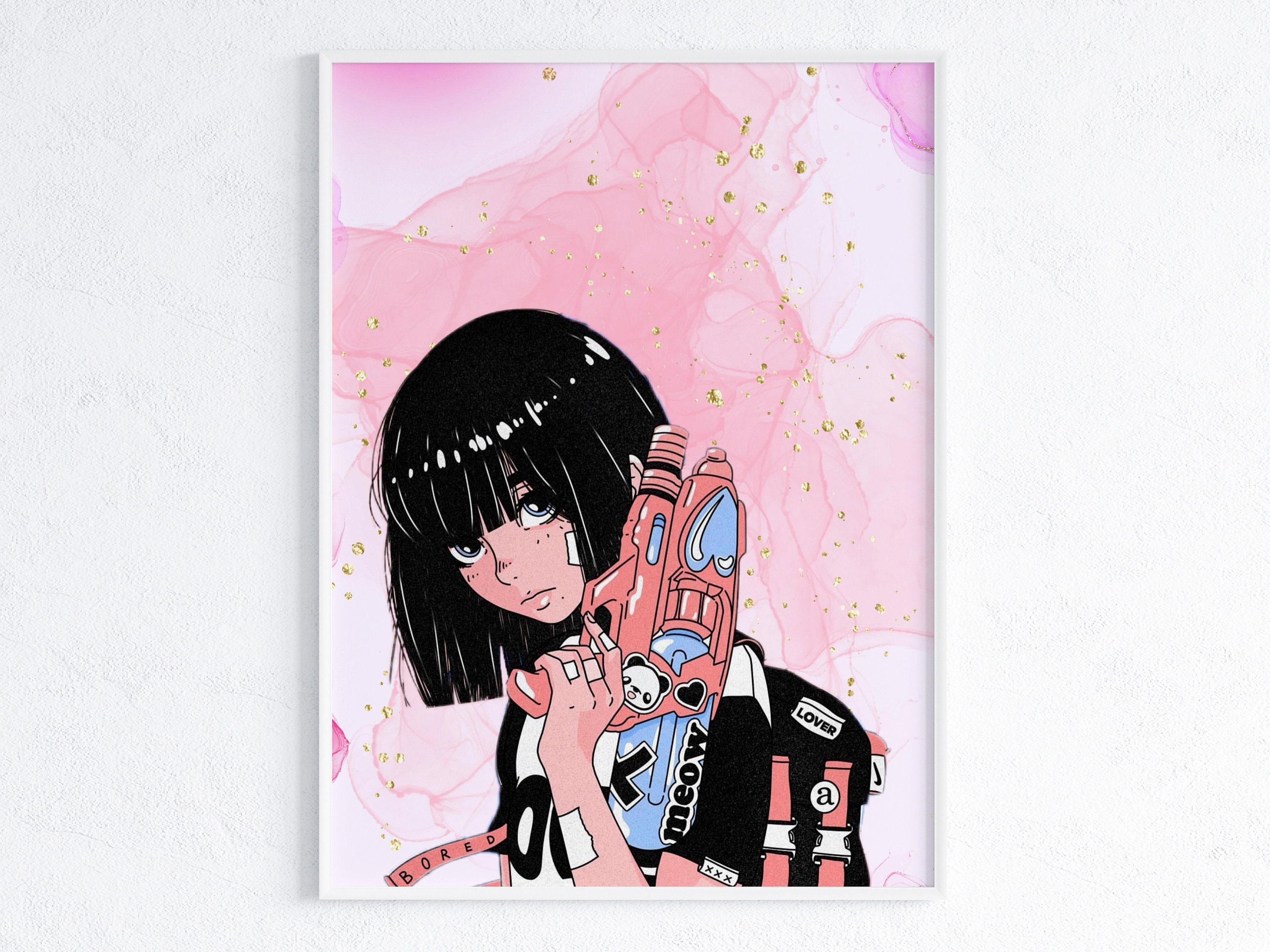 Dark Anime Girl Art, anime aesthetic print, gothic Emo, gamer room art,  gaming gift, pink pastel, egirl, streamer Lofi, Kawaii cozy, waifu