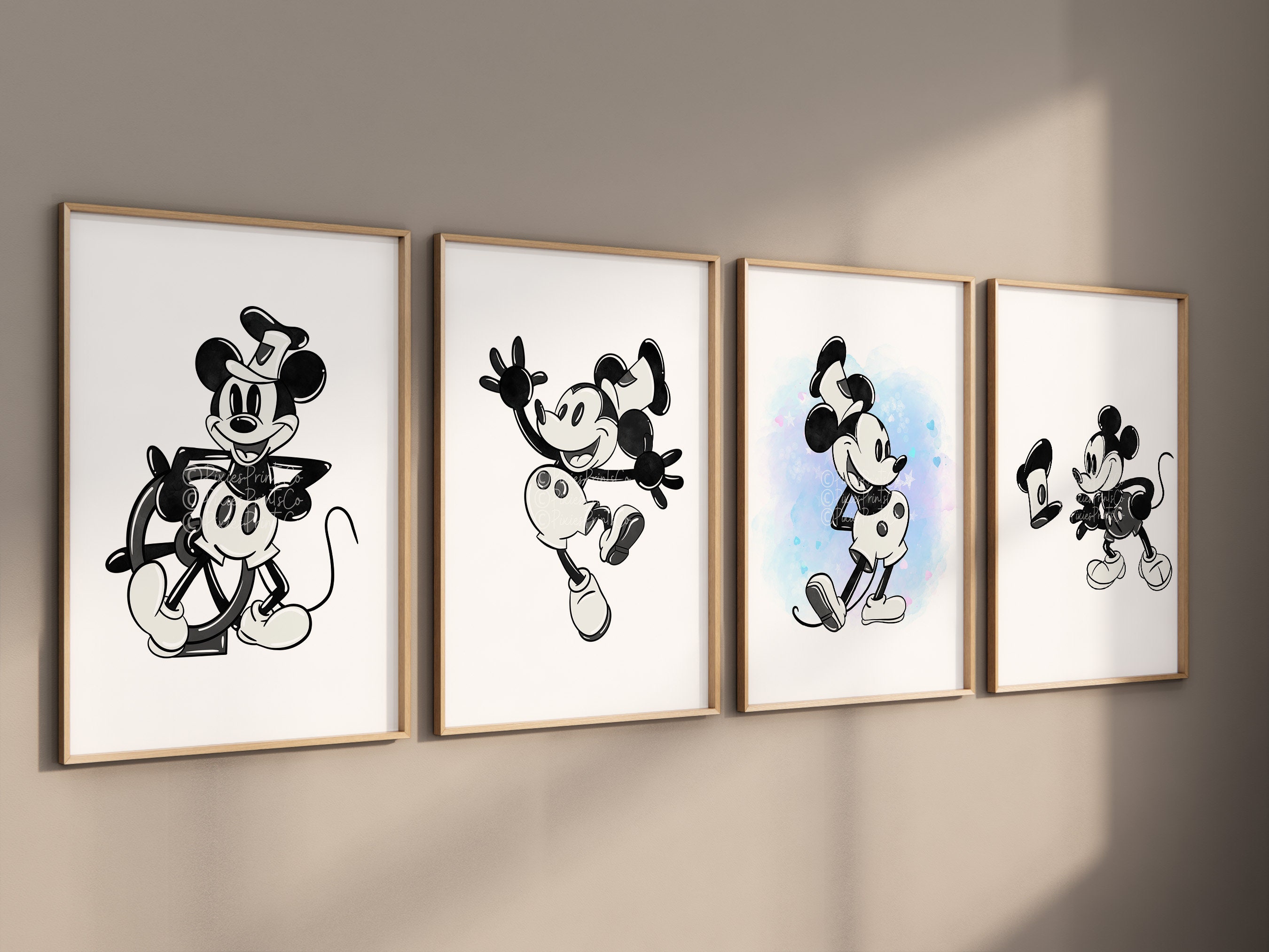 steamboat willie mickey mouse wall art prints for... Steamboat Willie Set of 4 Watercolour Wall Prints / Steamboat Willie ...