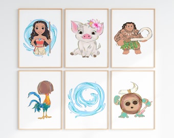 Ensemble de 6 Moana Wall Art / Moana Decor / Girls Nursery Bedroom Prints / Moana Maui Hay Hay Wall Prints / Moana Wall Set / Gift / Decor