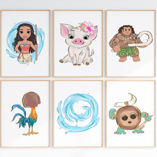 Set Of 6 Moana Wall Art / Moana Decor / Girls Nursery Bedroom Prints / Moana Maui Hay Hay Wall Prints / Moana Wall Set / Gift / Decor