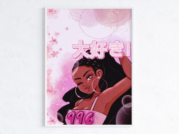 Japanese Black White Pink E-Girl Kawaii Print Anime Tee & Arm
