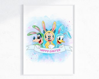 Mickey & Friends "Happy Easter" Wall Print / Goofy Donald Mickey Easter Art / Easter Decor / Happy Easter / Minnie's Mickey / Mickeys Easter