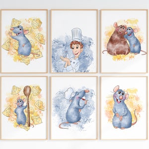 Watercolour Set Of 6 Ratatouille Wall Art Prints / Digital Download / Ratatouille Kitchen Prints / Ratatouille Rat Home Decor / Wall Prints