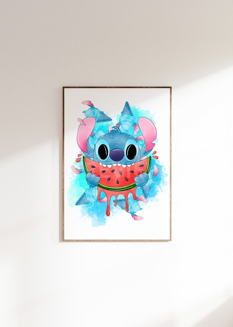 Stitch Watermelon Wall Art / Kitchen Stitch Decor / Summertime Stitch Wall Prints / Lilo & Stitch Wall Art / Stitch Home Decor / Digital Art image 3