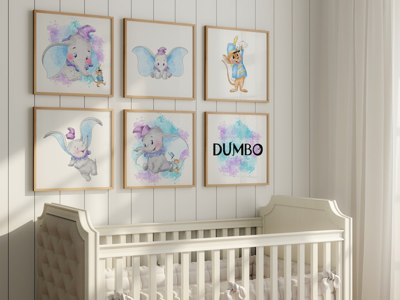 Watercolour Set of 6 Dumbo Wall Prints / Children's Bedroom Nursery