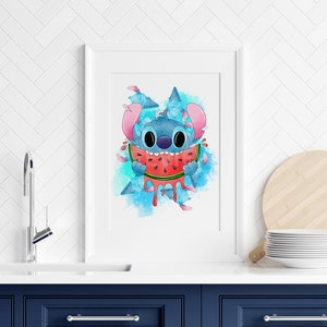 Stitch Watermelon Wall Art / Kitchen Stitch Decor / Summertime Stitch Wall Prints / Lilo & Stitch Wall Art / Stitch Home Decor / Digital Art image 2