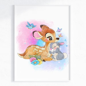 Bambi & Thumper Cuddle Wall Print / Bambi Movie / Bambi Thumper Butterflies and Bird Wall Art / Bambi Home Decor / Bambi Nursery Prints