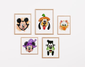 Conjunto de 5 impresiones de pared de Mickey, Minnie, Goofy, Donald y Pluto con calabazas de Halloween / Arte de pared de Mickey de Halloween no tan aterrador / Descarga digital de Mickey