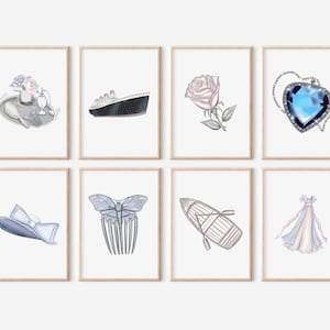 Titanic Set Of 8 Inspired Wall Prints / Titanic Rose Dawson Decor / Titanic Decor / Heart Of The Ocean / Titanic Home Decor / Digital Art