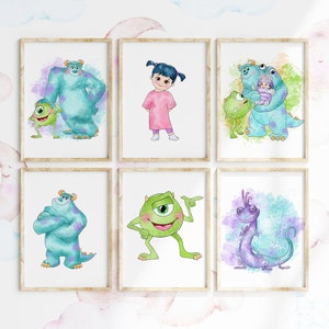May include: Six framed watercolor illustrations of characters from the movie Monsters Inc. The illustrations feature Sully, Mike, Boo, Randall, and a green monster with one eye. The illustrations are set against a white background with a watercolor effect.