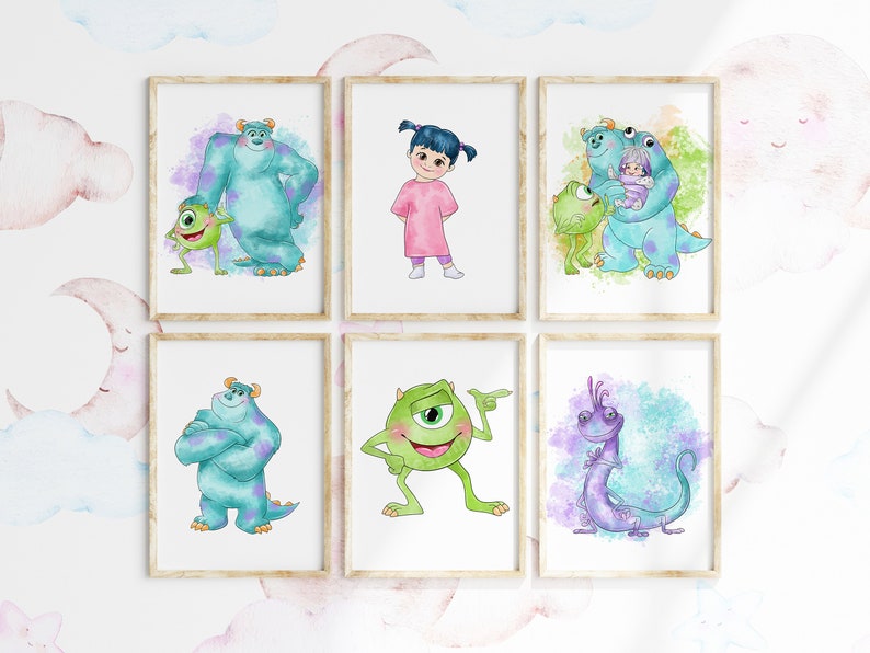 May include: Six framed watercolor illustrations of characters from the movie Monsters Inc. The illustrations feature Sully, Mike, Boo, Randall, and a green monster with one eye. The illustrations are set against a white background with a watercolor effect.