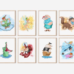 Watercolour Set Of 8 Peter Pan Wall Prints / Digital Download / Wendy Tink Hook Wall Art / Peter Pan Decor / Kids Bedroom Prints