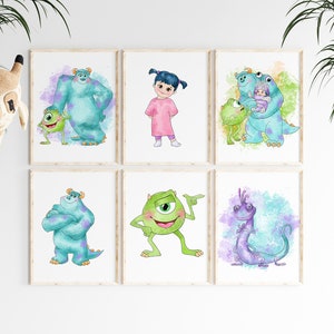 May include: Six framed prints featuring characters from the movie Monsters Inc. The prints feature Sully, Mike, Boo, and Randall. The prints are all in a watercolor style and have a light blue background.