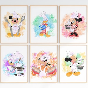 Juego de 6 láminas de arte de pared de Mickey y sus amigos cocinando / Láminas de pared de Mickey, Minnie, Donald, Goofy y Daisy cocinando / Descarga digital