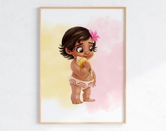 Baby Moana Printable Wall Art / Nursery Moana Girls Bedroom Print / Moana Wall Art / Yellow Pink Nursery / Moana Home Decor / Digital Print