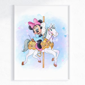 May include: A watercolour illustration of Minnie Mouse riding a white carousel horse with gold accents. The background is a soft blue with white stars and pink hearts.