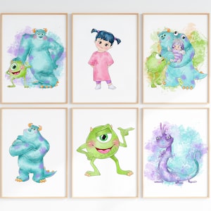 Watercolour Set Of 6 Inc Monster Wall Prints / Children's Bedroom Wall Art /Sully Mike Boo Wall Prints/ Digital Download / Inc Monster Decor