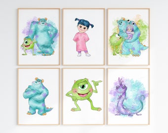 Watercolour Set Of 6 Inc Monster Wall Prints / Children's Bedroom Wall Art /Sully Mike Boo Wall Prints/ Digital Download / Inc Monster Decor