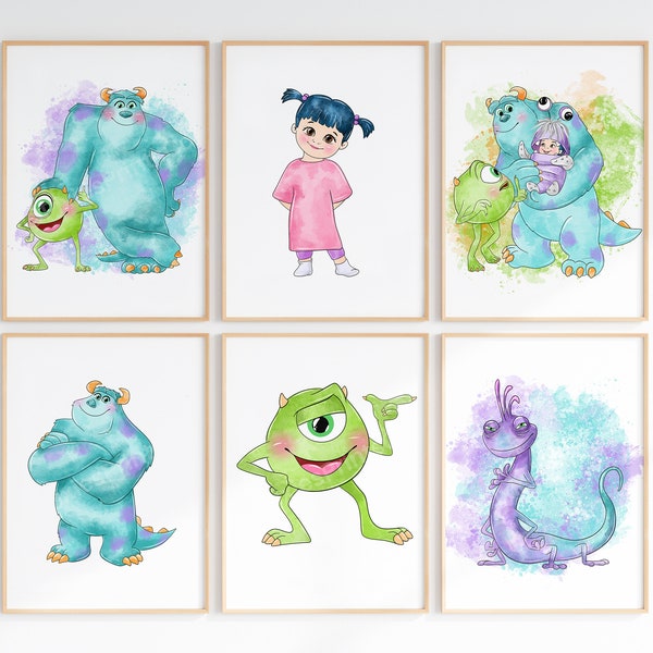 Watercolour Set Of 6 Inc Monster Wall Prints / Children's Bedroom Wall Art /Sully Mike Boo Wall Prints/ Digital Download / Inc Monster Decor