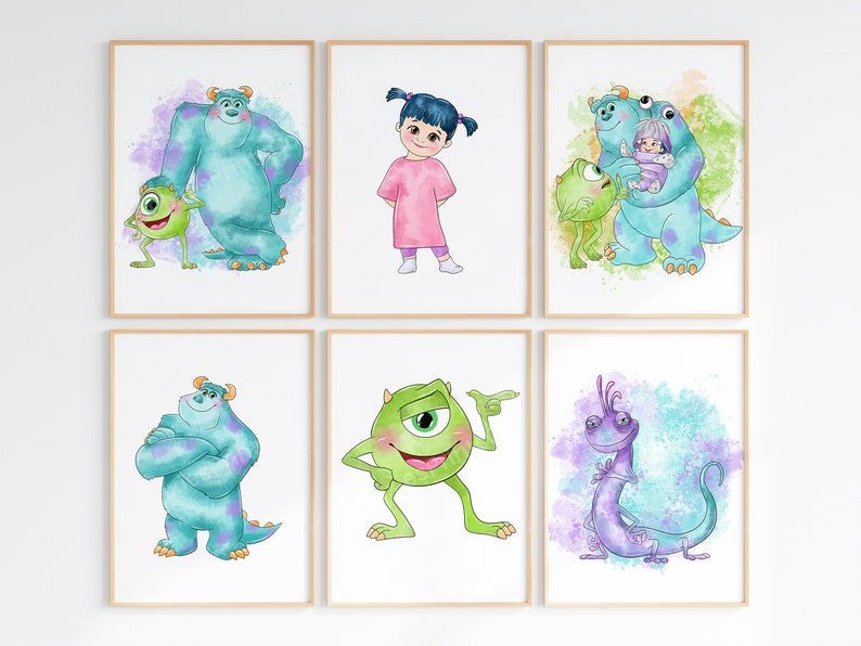 May include: Set of six watercolor illustrations featuring characters from the movie Monsters Inc. The illustrations include Sully, Mike, Boo, and Randall. The illustrations are in a cartoon style and are set against a watercolor background.