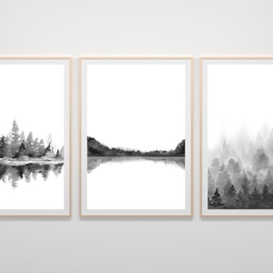 Nordic Scandinavian Forest, Monochrome Tree Watercolor Painting, Minimalist Nature, black and white , Landscape , Woodland, Forest