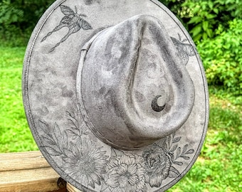 Hand Burned Gray Wide Brim Hat: Luna Moth, Floral & Snake Design