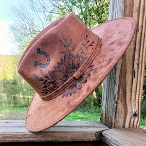 Hand Burned Brown Wide Brim Hat for Women, Horseshoe and Sunflower design on Crown, Bull Skull Design under Brim