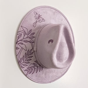 Hand Burned Lavender Wide Brim Hat for Women, Luna Moth and Mushroom design on top of brim and under Brim, Moon on Side of Crown