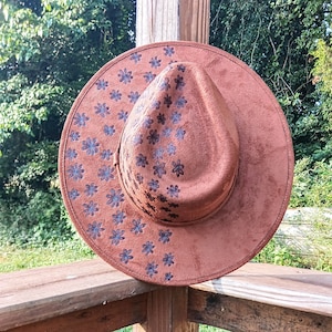 Hand Burned Brown Wide Brim Hat for Women, Tiny Flowers Design on Top of Brim and Under Brim