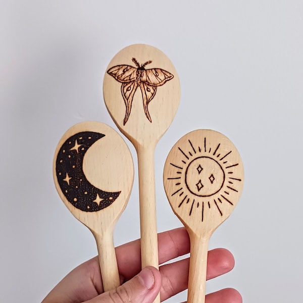 Wood burned Celestial Spoons, 12 inch spoon set of 3, Wood Burned Spoons, Sun Moon and Luna Moth