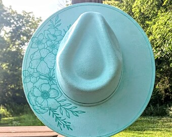 Hand Burned Teal Wide Brim Hat: Floral Vegan Suede Western  display picture 3