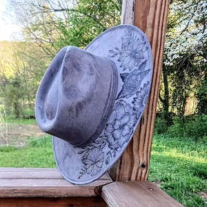 Hand Burned Gray Wide Brim Hat with Floral Design on the Top and Underside of the Brim