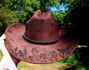 Hand Burned Chocolate Brown Cowboy Hat, Wildflower Vine Design, Vegan Suede Brim