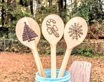 Wood Burned Spoons, Christmas Dishes, Hot Chocolate Spoons for Hot Cocoa Bar,  12 inch spoon set of 3