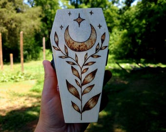 Wood Burned Coffin Moon Trinket Box: Small Wooden Keepsake Box