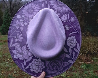 Hand Burned Floral Wide Brim Hat - Lavender Vegan Suede