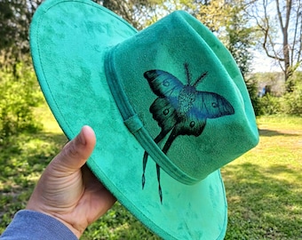 Hand Burned Green Wide Brim Hat for Women, Luna Moth Design on Crown