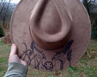 Hand Burned Olive Wide Brim Hat: Cow Design