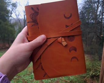 Hand Burned Leather Journal Witchy Grimiore Theme