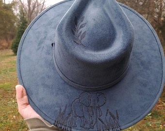 Hand Burned Steel Blue Wide Brim Hat: Vegan Suede Floral Design