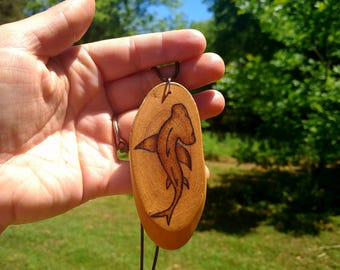 Wood Burned Oval Necklace With Hammerhead Shark Design
