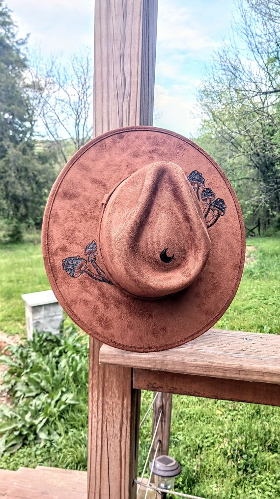 Retro Mushroom Sun Hat Tan Vegan Suede Adjustable Fit Vegan Suede mushroom Cowboy Fedora Hat – The Wild Thimble main image 3