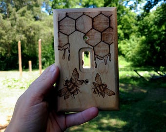 Bumble Bee and Honeycomb Single Light Switch Cover Wood Burned
