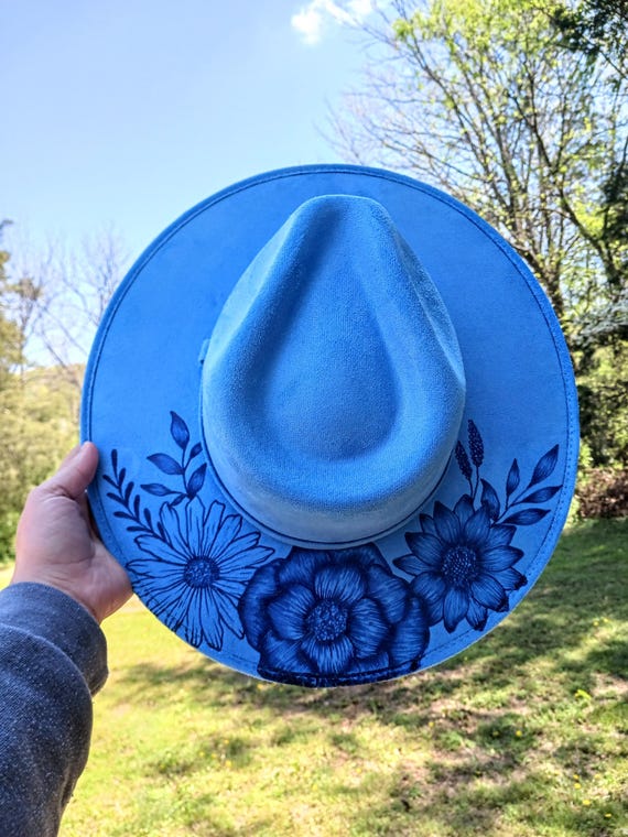 Hand Burned Floral Wide Brim Hat: Vegan Suede Blue Fedora - Etsy